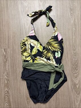 Black Tropical One-Piece Swimsuit with Green Sash